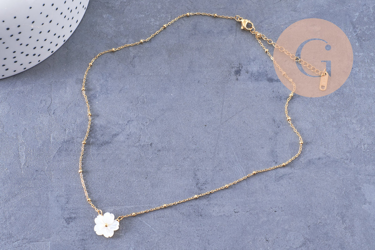 Collier Collier fleur nacre naturelle chaine acier inoxydable doré PVD 18k 45cm, x1 (10581)