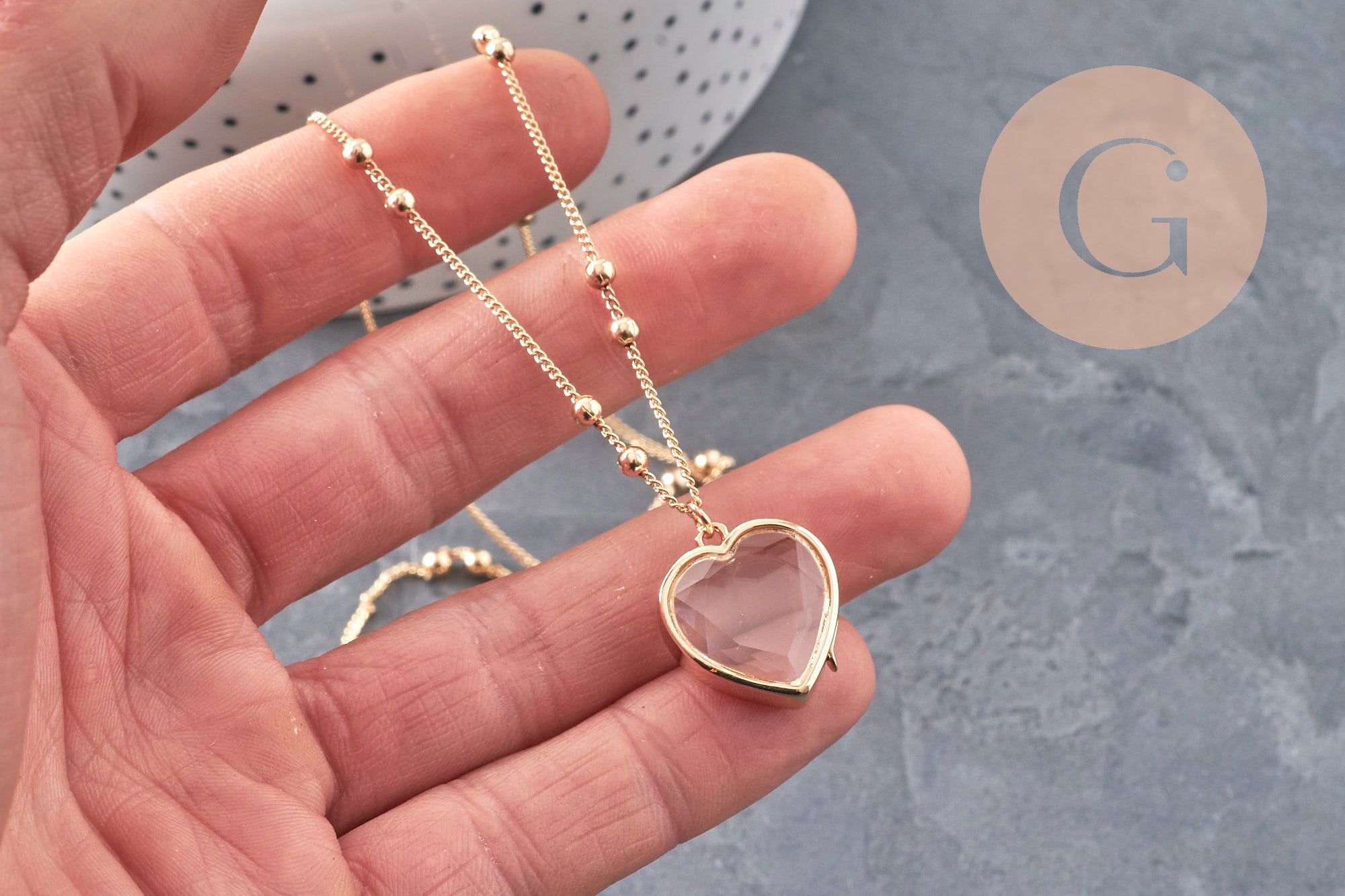 Collier locket cœur porte-photo verre laiton doré 18K, x1 (G11088)