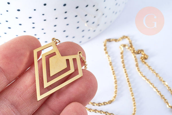 Collier losange acier inoxydable doré 14k 43cm,idée cadeau anniversaire, x1 (G7140)