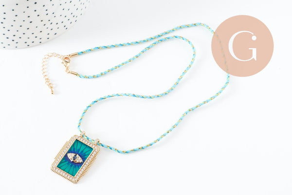 Collier médaille Oeil bleu zircon zamac doré 45cm x1 (G9570)