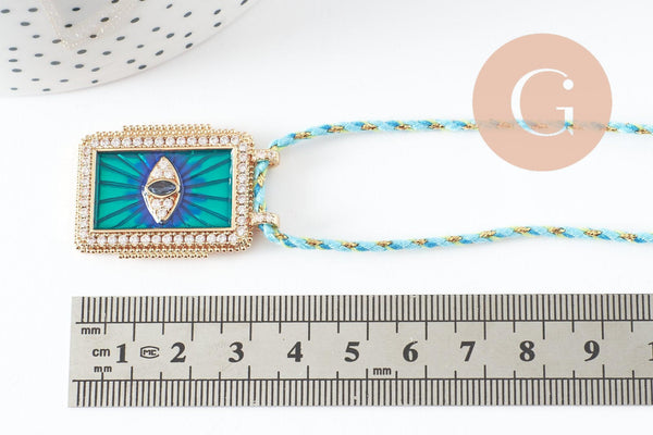 Collier médaille Oeil bleu zircon zamac doré 45cm x1 (G9570)