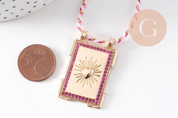Collier médaille coeurs zircons fuchsia cordon tressé zamac doré 45cm x1 (G10364-8)