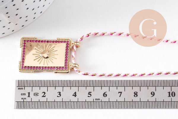 Collier médaille coeurs zircons fuchsia cordon tressé zamac doré 45cm x1 (G10364-8)