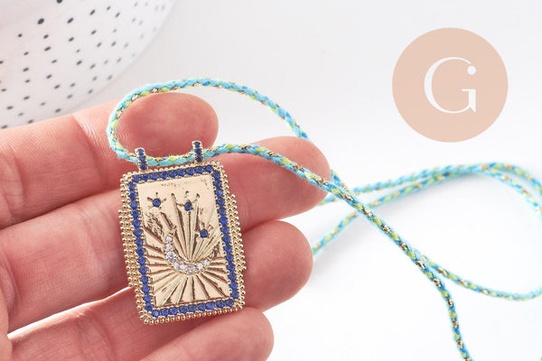 Collier médaille émaillée Lune zircons bleus cordon tressé zamac doré 45cm x1 (G10364-7)