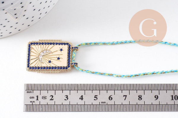 Collier médaille émaillée Lune zircons bleus cordon tressé zamac doré 45cm x1 (G10364-7)