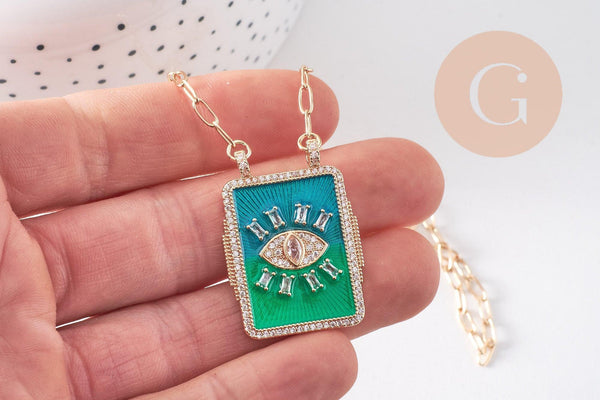 Collier médaille émaillée Oeil bleu-vert zircons chaine zamac doré 45cm x1 (G10364-3)