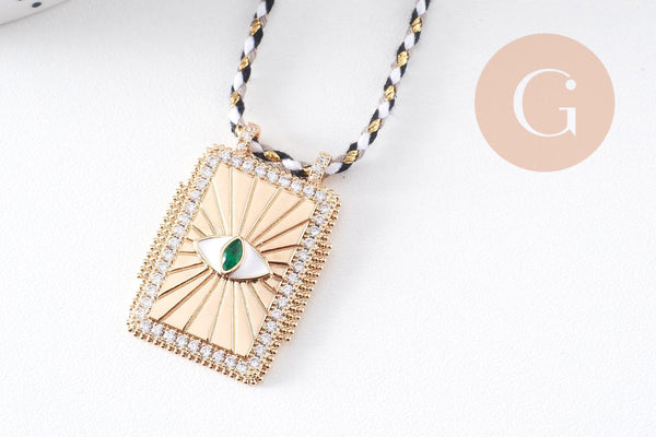 Collier médaille émaillée Oeil zamac doré, collier cordon tressé 45cm x1 (G10364-1)