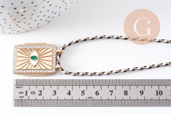 Collier médaille émaillée Oeil zamac doré, collier cordon tressé 45cm x1 (G10364-1)