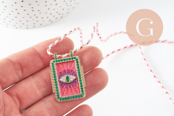 Collier médaille émaillée Oeil zircon rose vert zamac doré, collier cordon tressé 45cm x1 (G9569)