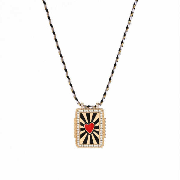 Collier médaille émaillée coeur rouge psychédélique cordon tressé zamac doré 45cm x1 (G10364-10)