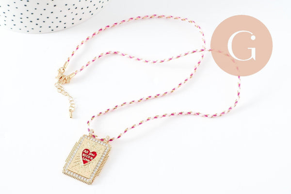 Collier médaille émaillée coeur rouge zamac doré, collier cordon tressé 45cm x1 (G9568)
