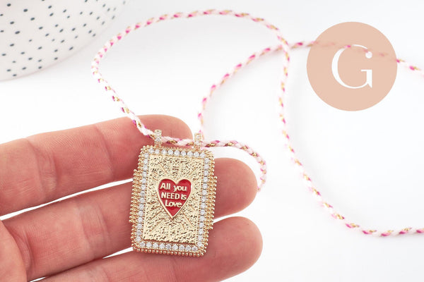 Collier médaille émaillée coeur rouge zamac doré, collier cordon tressé 45cm x1 (G9568)