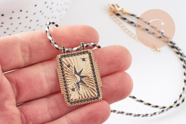 Collier médaille émaillée étoile noire zircons noir cordon tressé zamac doré 45cm x1 (G10364-11)