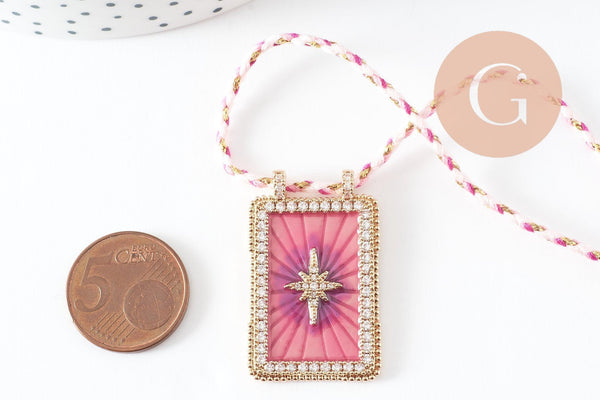 Collier médaille émaillée étoile rose violet zircon zamac doré, collier cordon tressé 45cm x1 (G9567)