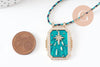 Collier médaille émaillée étoile turquoise zircon zamac doré, collier cordon tressé 45cm x1 (G9571)