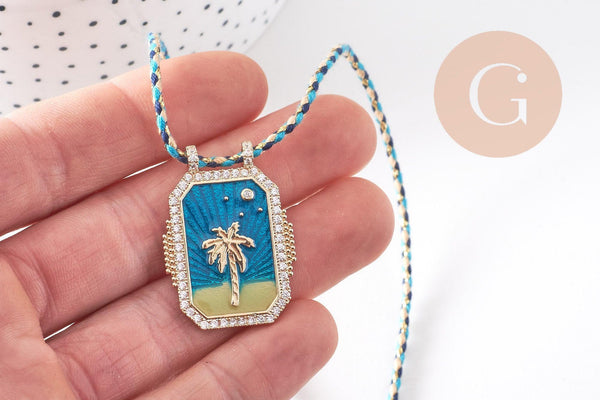 Collier médaille émaillée palmier bleu turquoise zircons cordon tressé zamac doré 45cm x1 (G10364-5)