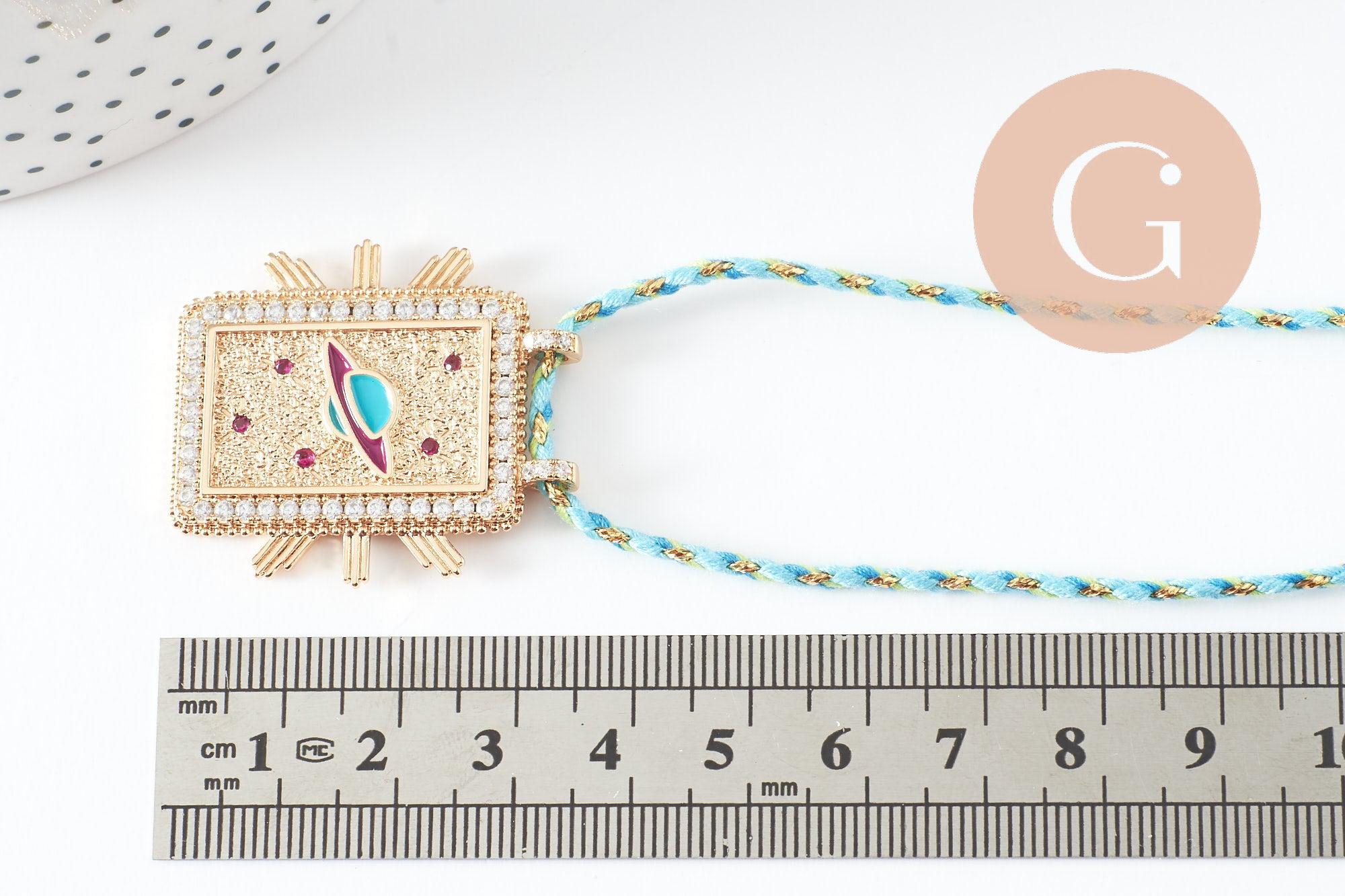 Collier médaille émaillée planète zircon zamac doré, collier cordon tressé 45cm x1 (G9566)