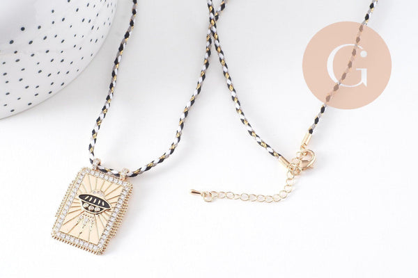 Collier médaille émaillée soucoupe volante émail noir zircons cordon tressé zamac doré 45cm x1 (G10364-6)