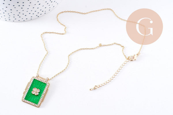 Collier médaille émaillée trèfle 4 feuilles zircons vert cordon tressé zamac doré 45cm x1 (G10364-12)