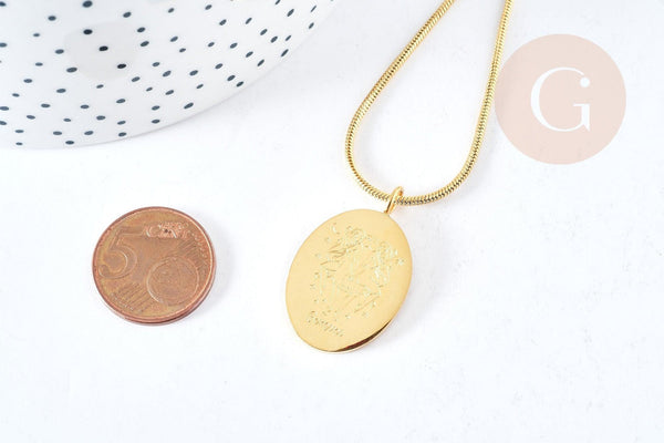 Collier médaille gravée ovale signe astrologique acier 304 inoxydable doré 30x20mm, x1 (G7648)