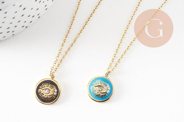 Collier médaille oeil protecteur turquoise ou noir zircon doré 304 inoxydable émaillé 45cm, cadeau anniversaire fête des mères, x1 (G8028)