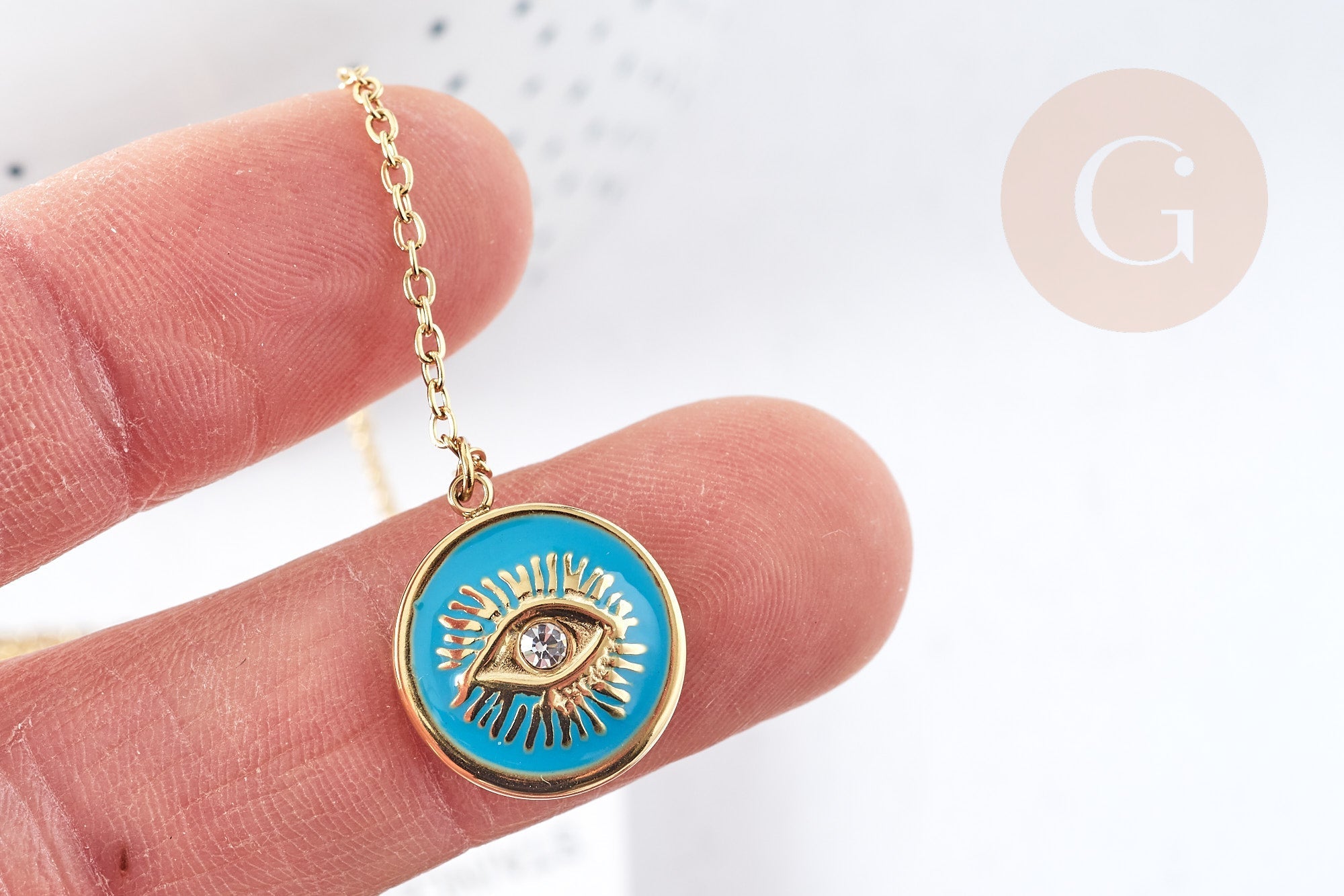 Collier Collier médaille oeil protecteur turquoise ou noir zircon doré 304 inoxydable émaillé 45cm, cadeau anniversaire fête des mères, x1 (G8028)