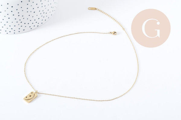 Collier médaille rectangle lune et étoiles acier 304 inoxydable doré 40cm, x1 (G9216)