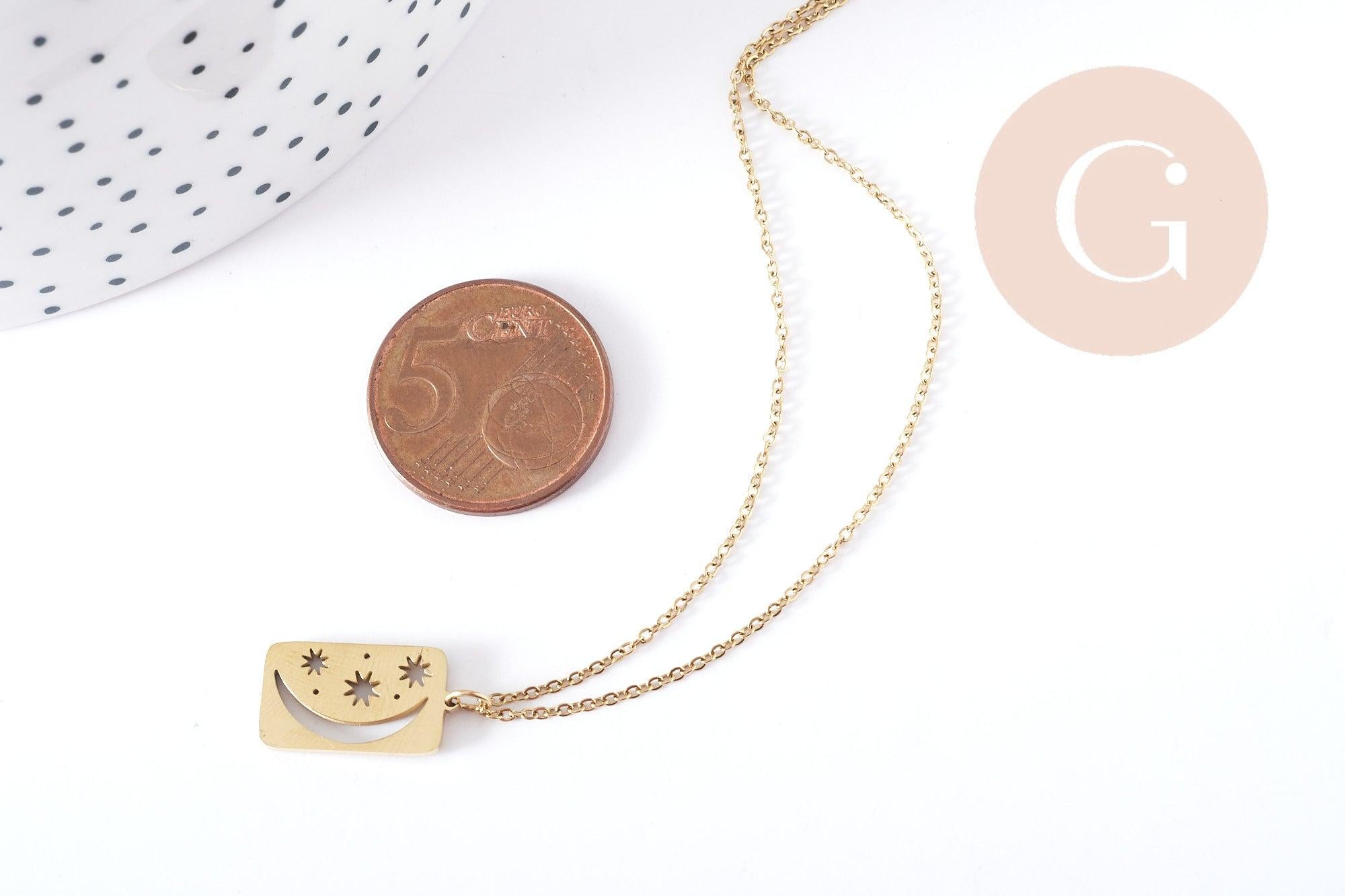 Collier médaille rectangle lune et étoiles acier 304 inoxydable doré 40cm, x1 (G9216)