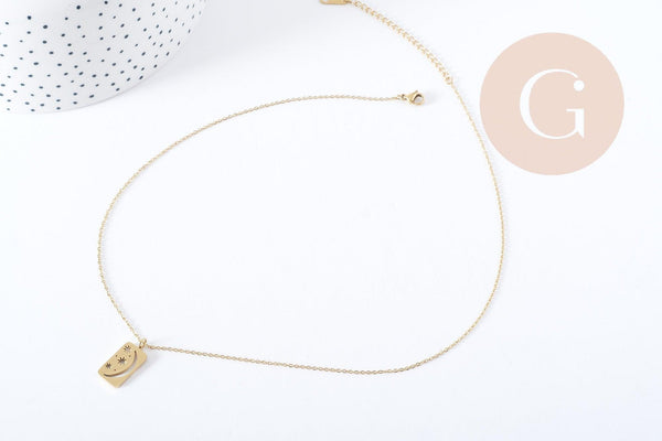 Collier médaille rectangle lune et étoiles acier 304 inoxydable doré 40cm, x1 (G9216)