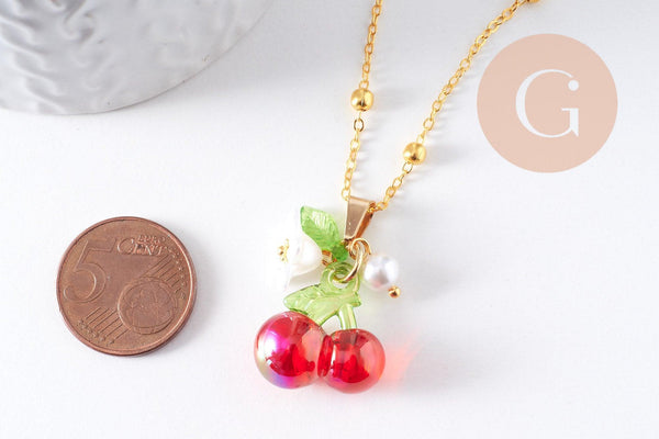 Collier pendentif fruits laiton doré et résine 44.9mm, x1 (G10279)