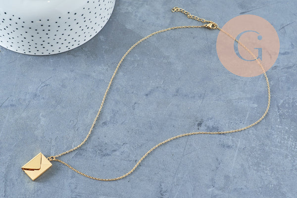 Collier pendentif locket enveloppe avec carte personnalisable acier 304 inoxydable doré IP, x1 (G10202)