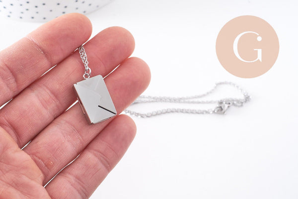 Collier pendentif locket enveloppe avec carte personnalisable acier 304 inoxydable platine, x1 (G10203)