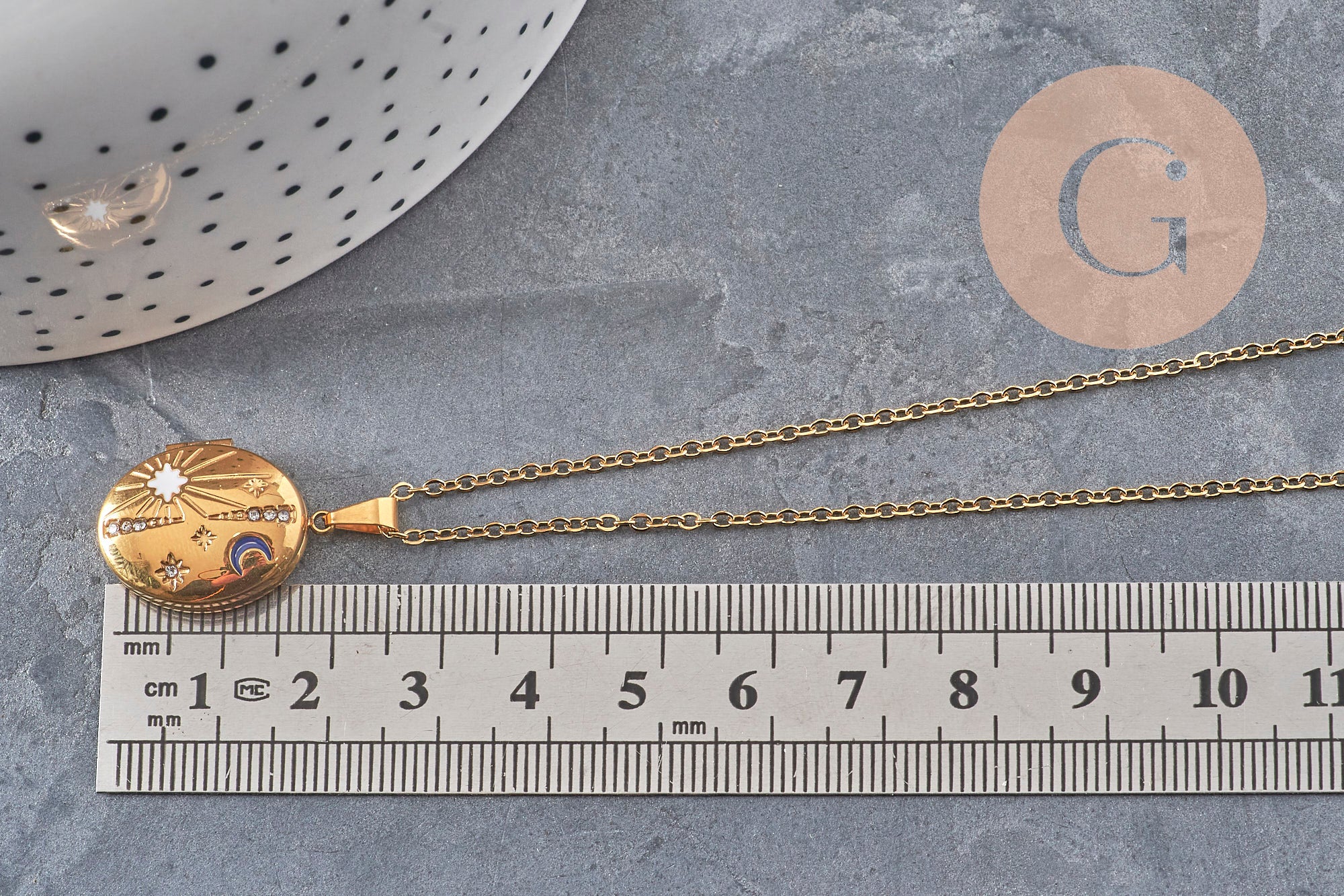 Collier pendentif locket lune & étoiles personnalisable acier 304 inoxydable doré, x1 (G11076)