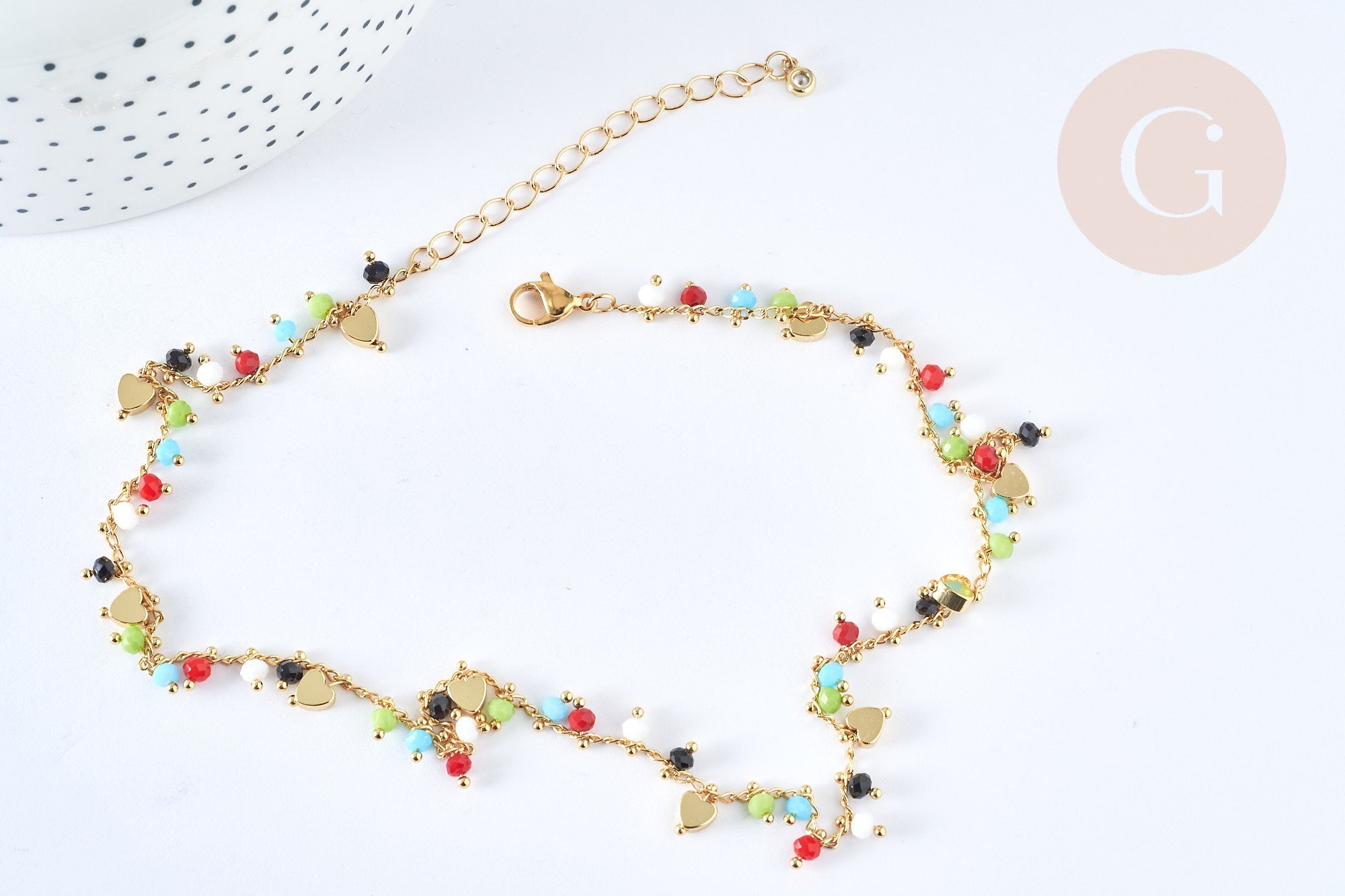 Collier Collier réglable perles de verre facettées cœurs laiton doré 38cm, bijoux fantaisie DIY, x1, G7396