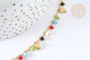 Collier réglable perles de verre facettées cœurs laiton doré 38cm, bijoux fantaisie DIY, x1, G7396