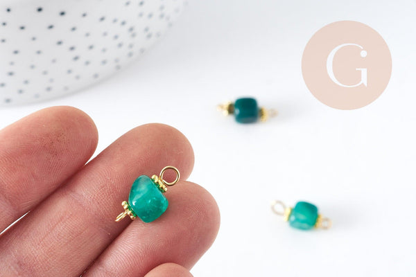 Connecteur Cube agate verte naturelle fer doré 17mm, pendentif création bijoux pierre x1 G9103
