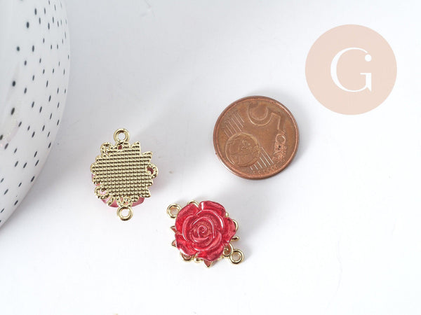 Connecteur Fleur Rose rouge zamac doré 22.5mm, pendentif création de bijoux, x1 G9010