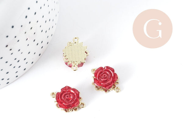 Connecteur Fleur Rose rouge zamac doré 22.5mm, pendentif création de bijoux, x1 G9010