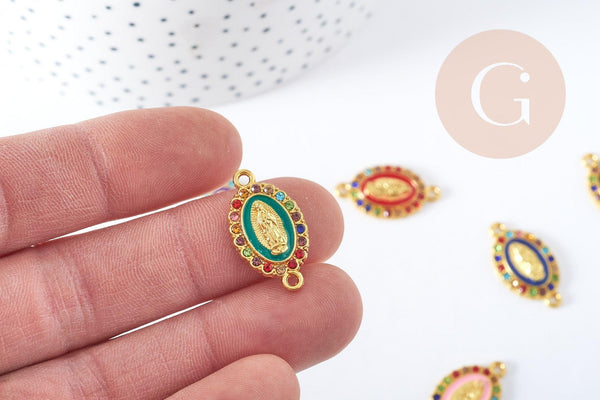 Connecteur Vierge Marie ovale zamac doré émail strass multicolore 24mm x1 (G8887)