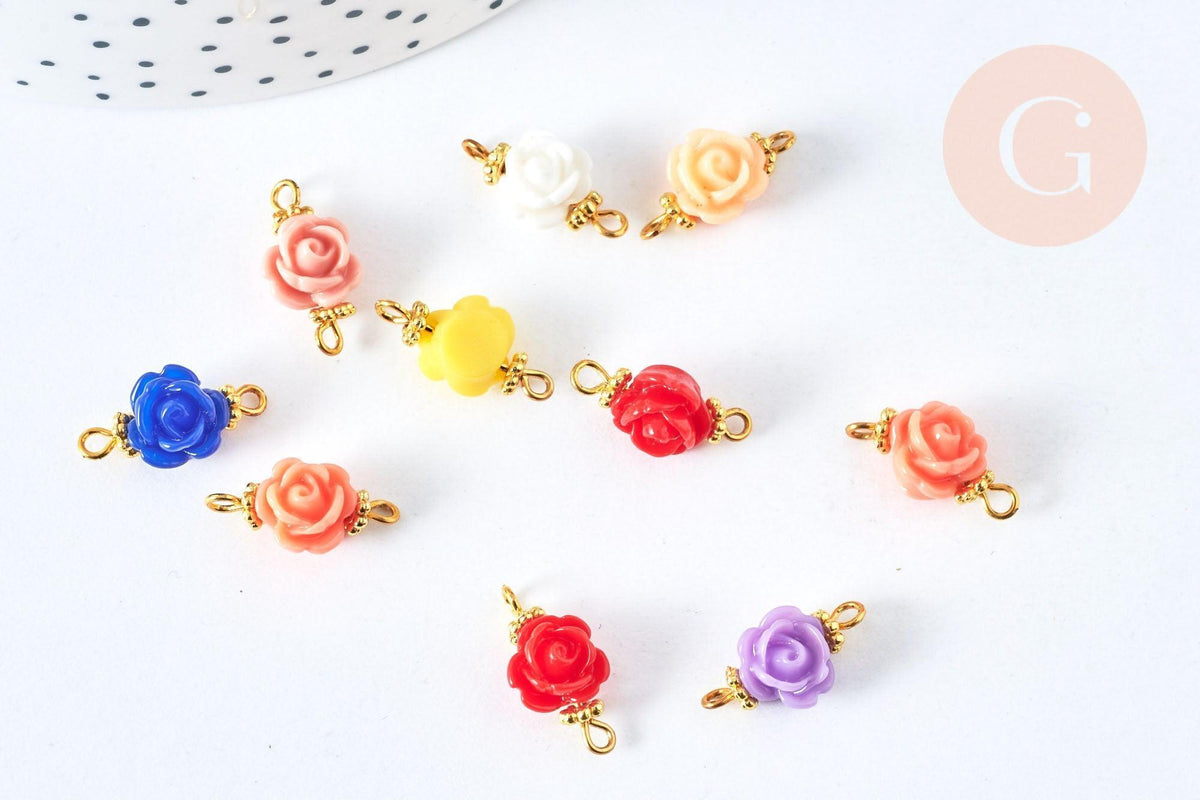 Connecteur fleur résine multicolore laiton doré 9mm, création de bijoux fantaisie, fleur résine époxy, X10 (G6941)