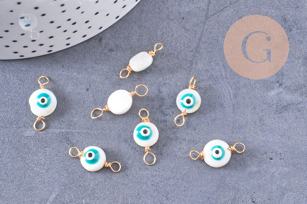 Connecteur rond nacre naturelle blanche mauvais oeil zamac doré 18.5mm, x5 (G3685)