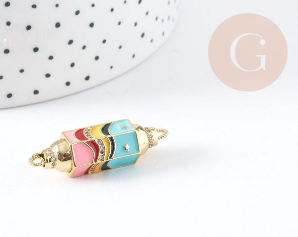 Connecteur tube talisman laiton doré 18K émaillé 37.5mm, x1 (G3540)