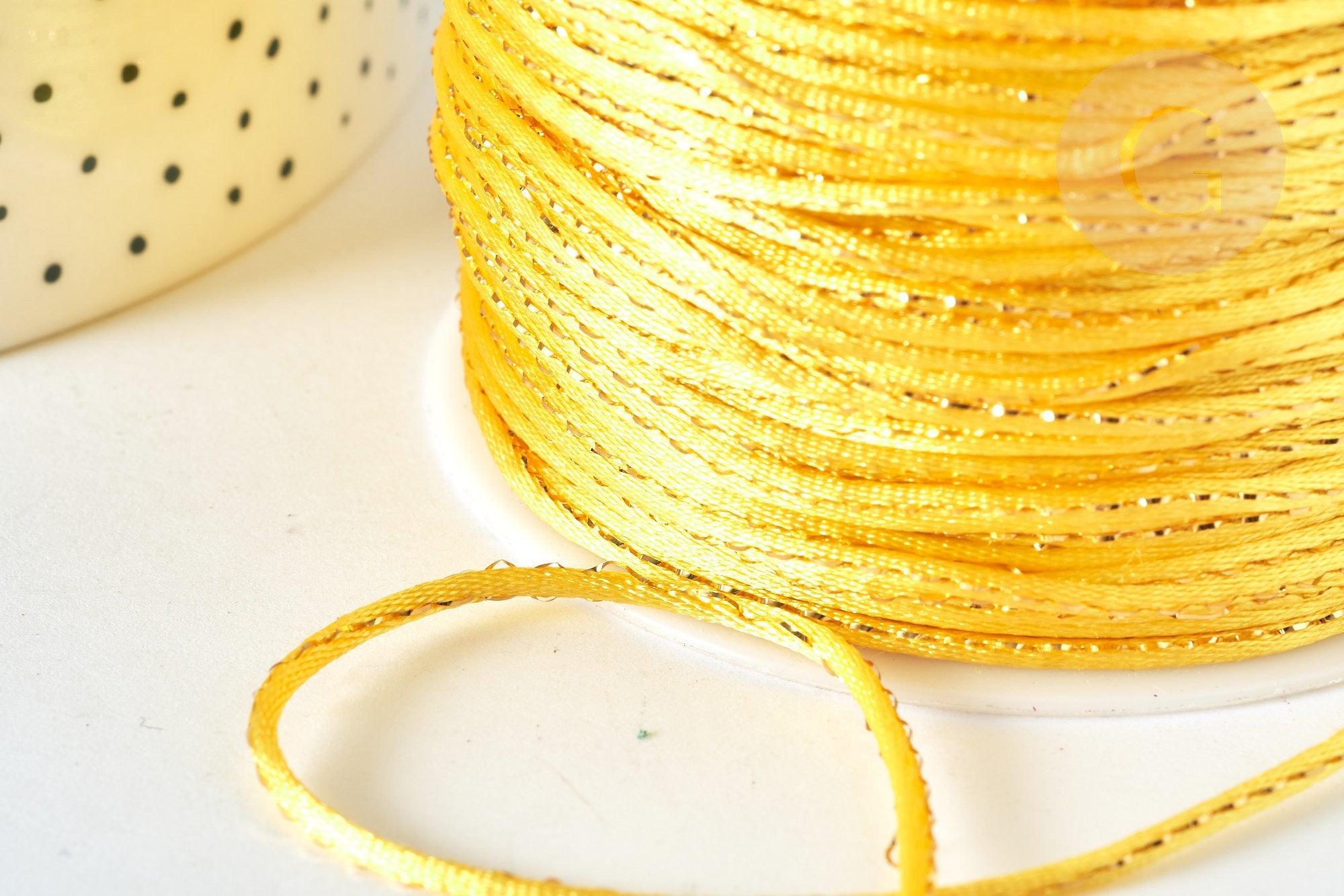 Cordon Jaune poussin fil doré métallisé en queue de nylon 1,5mm, cordon satiné création bijoux, x1 mètre G7469