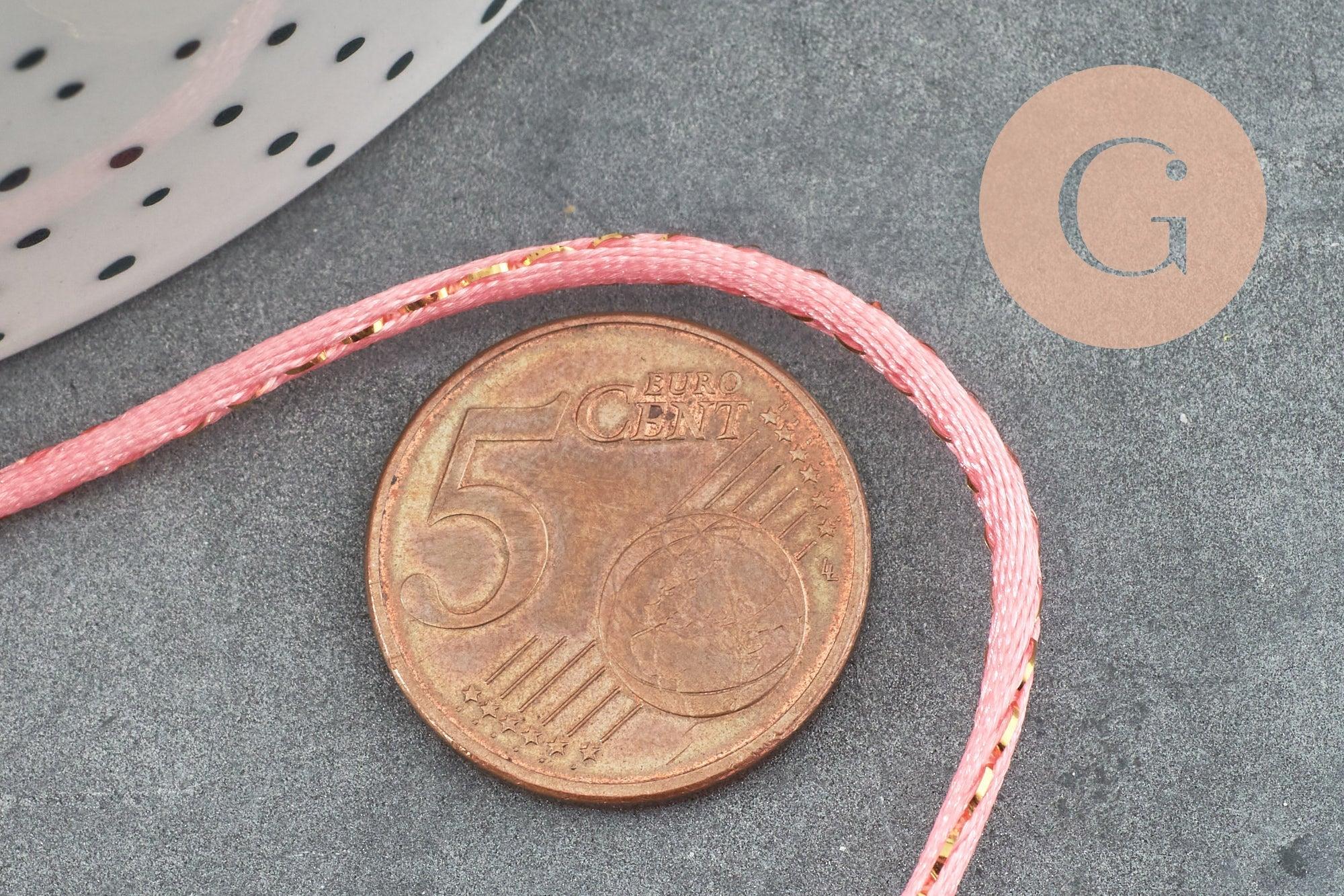 Cordon queue de rat nylon satiné rose et or 1.5mm, x1 mètre (G3762)