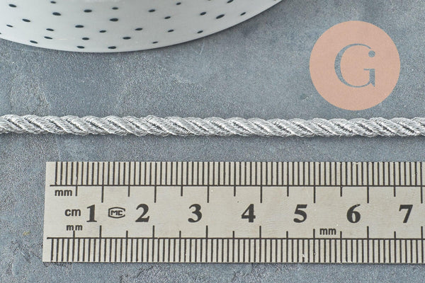 Cordon satiné torsadé argent 2-3mm, x1 ou x5 mètres (G1382)
