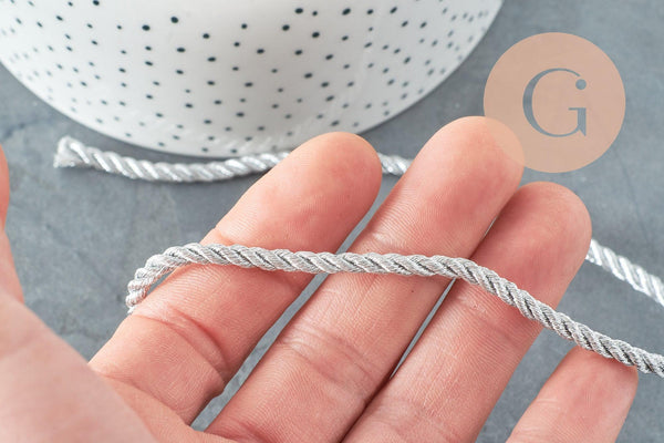 Cordon satiné torsadé argent 2-3mm, x1 ou x5 mètres (G1382)