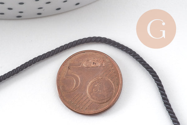 Cordon satiné torsadé noir 2mm, x1 mètre (G10885)