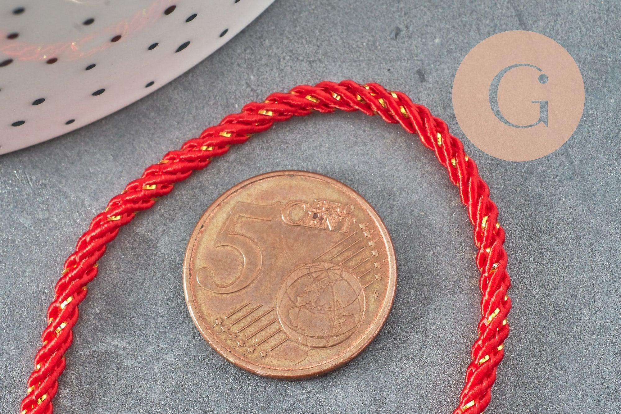Cordon satiné torsadé rouge et or largeur 2.5-3mm, x1 mètre (G6713)
