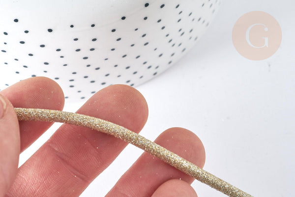Cordon similicuir beige à paillettes doré 3mm, x1 mètre (G7464)