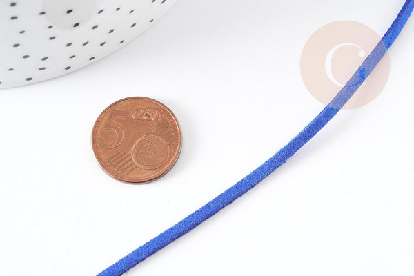 Cordon suédé bleu roi à paillettes imitation cuir 3-4mm, x1 mètre (G0780)